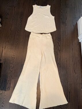 Women's Cream Wide-Leg Knit Pants - High-Rise Cozy Trousers